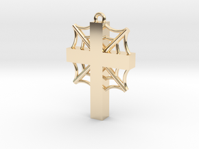 Cross with cobwebs and the words in 14k Gold Plated Brass