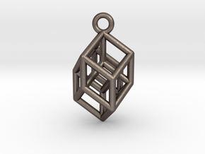 Hypercube Tesseract Pendant in Polished Bronzed Silver Steel
