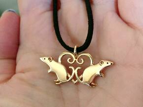 Double rat love heart pendant in Polished Bronze