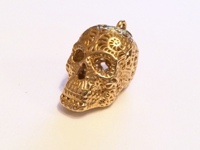Filigree Sugar Skull Pendant 1 in Polished Brass