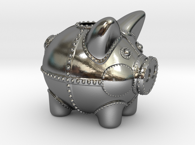 Steampunk Piggy Bank 2 Inch Tall in Polished Silver