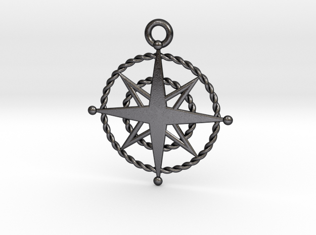 Compass Rose Keychain in Polished and Bronzed Black Steel
