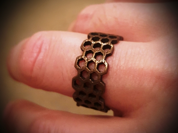 Honeycomb Fashion Ring Size 10 in Polished Bronze Steel