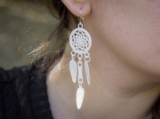 Feather Dream Catcher Earrings in White Processed Versatile Plastic