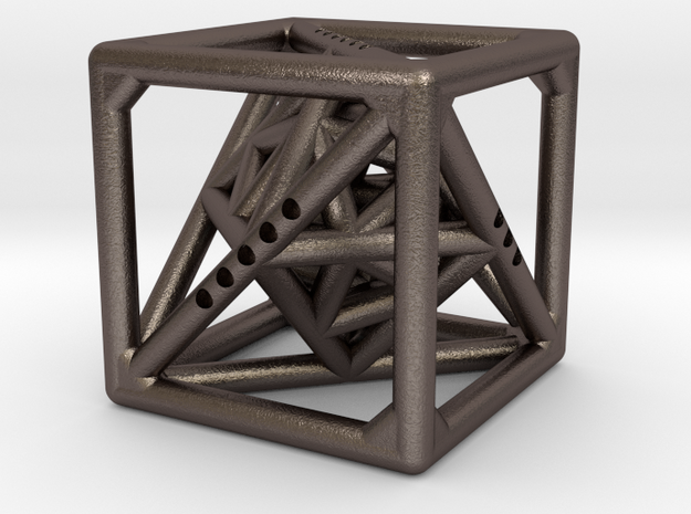 Cube with Tetrahedron, Octahedron and Icosahedron  in Polished Bronzed Silver Steel