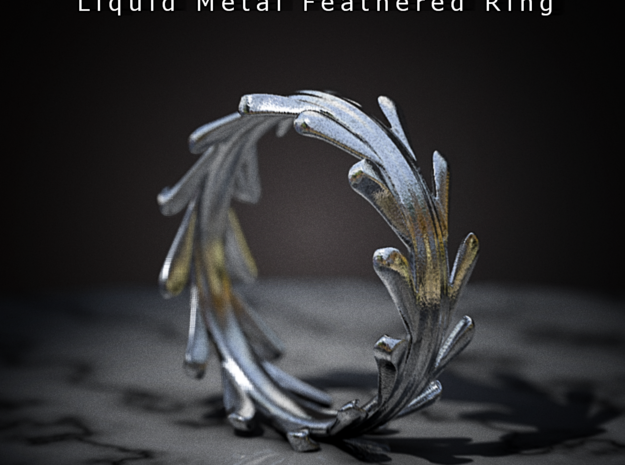 Liquid Metal Feathered Ring in Polished Bronzed Silver Steel