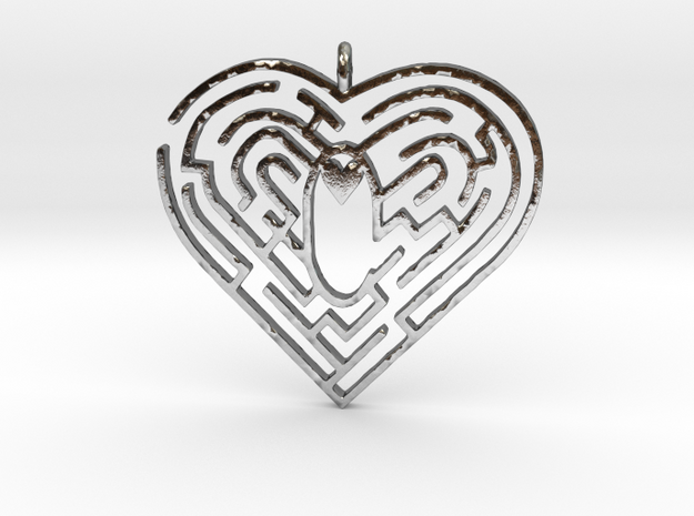 Heart Maze-shape Pendant 1 in Polished Silver
