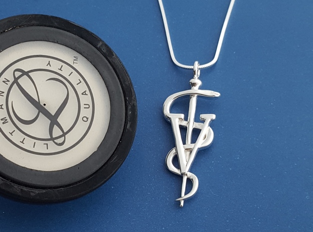 Rod Of Asclepius Veterinarian Pendant in Fine Detail Polished Silver