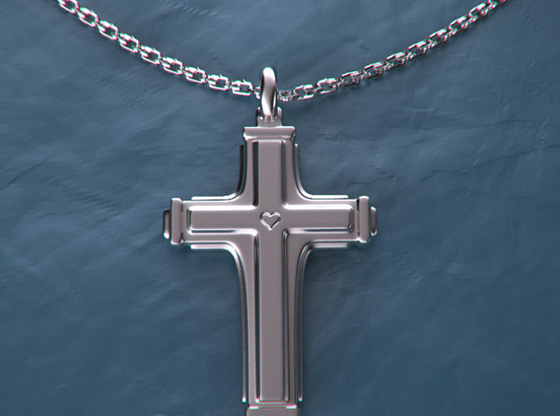 Cross with small heart. in Fine Detail Polished Silver