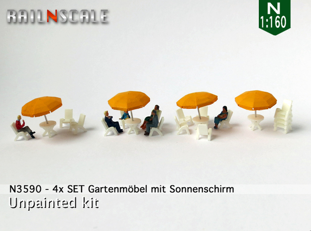 4x SET Gartenmöbel mit Sonnenschirm (N 1:160) in Tan Fine Detail Plastic