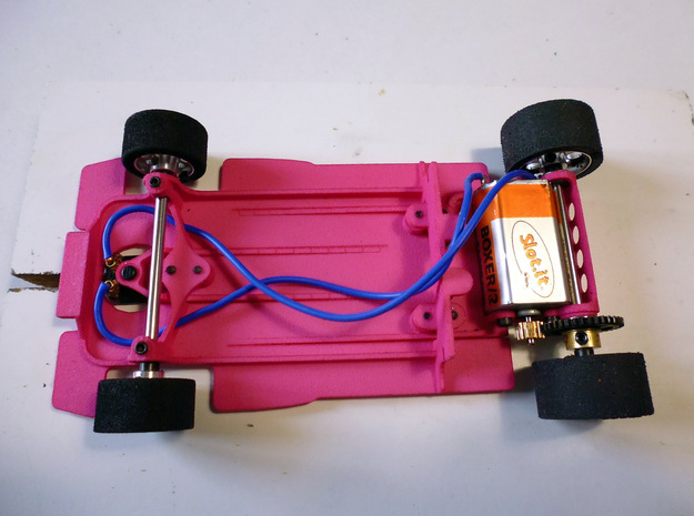 Slot car chassis for 787B 1/28 in Pink Processed Versatile Plastic
