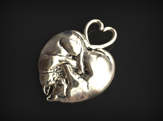 Kitty Heart Pendant in Polished Silver