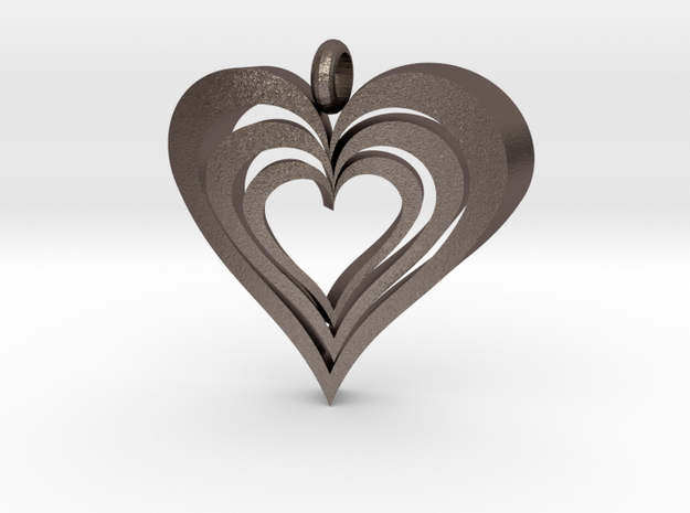 Interlocked Hearts Pendant in Polished Bronzed Silver Steel