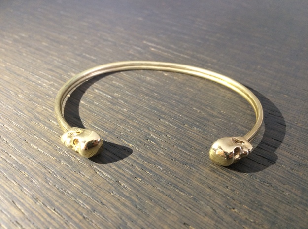 Double Banded Skull Cuff in Polished Brass: Large