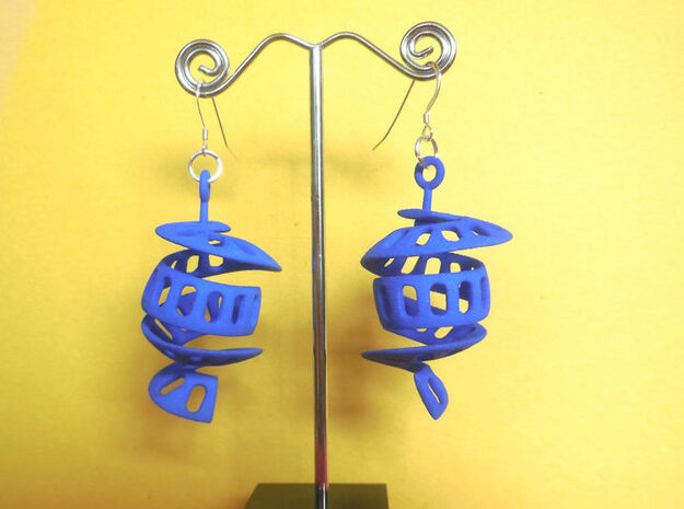 Curl - A pair of spiral design earrings in Blue Processed Versatile Plastic