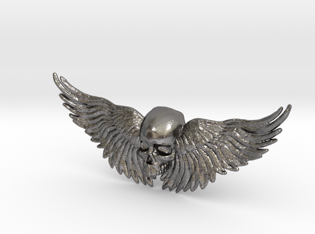 Metal Skull ring with wings in Polished Nickel Steel