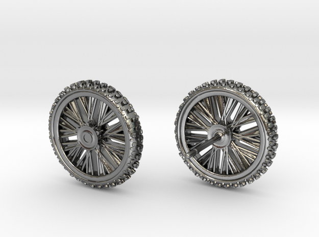 Motorcycle Dirtbike Tire and Wheel Earings, Studs in Polished Silver