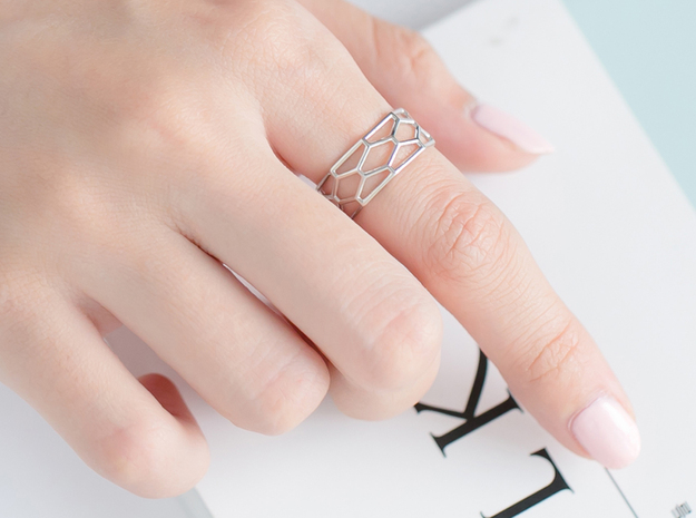 Unique Hexagon Ring  in Polished Silver