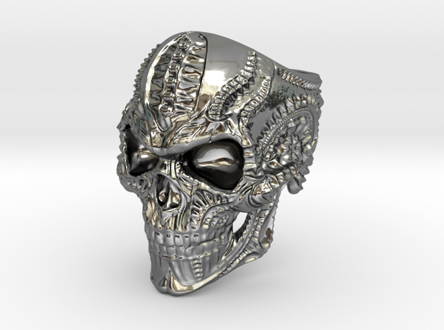 BioMech Skull Ring in Fine Detail Polished Silver