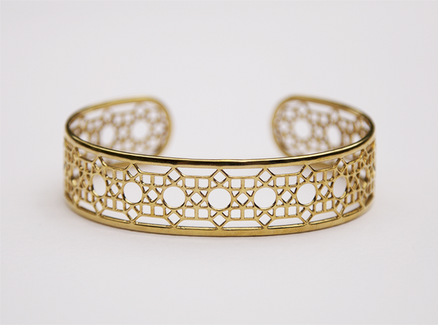 Intricate Geometric Pattern Cuff Bracelet in Polished Brass