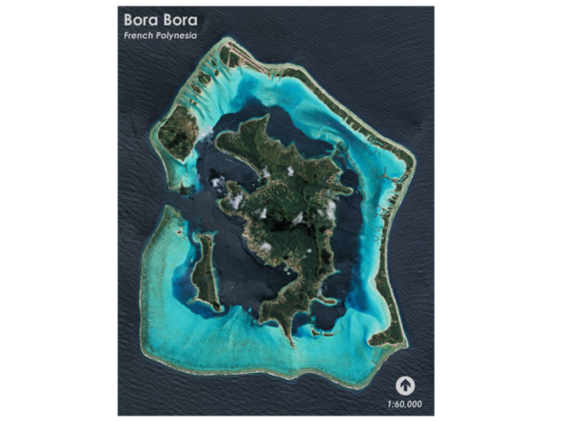 Bora Bora Map, French Polynesia in Glossy Full Color Sandstone