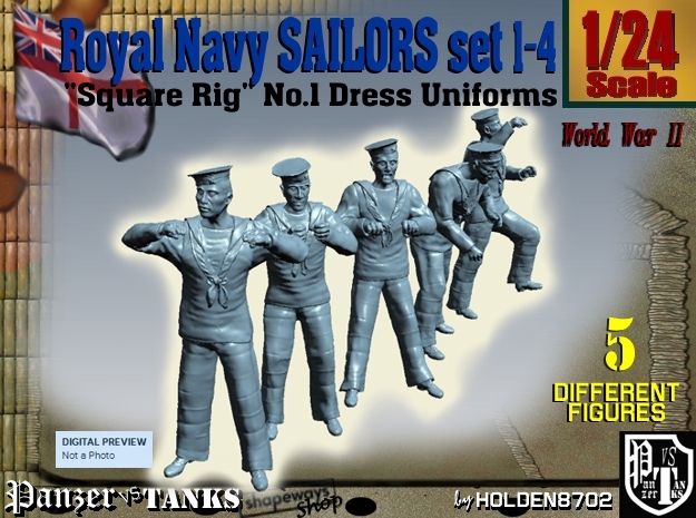 1-24 Royal Navy Sailors Set1-4 in White Natural Versatile Plastic