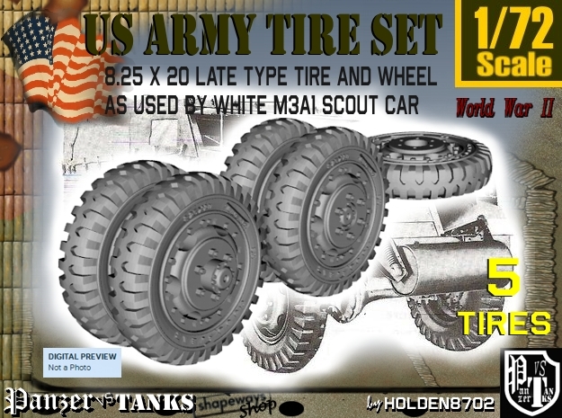 1-72 8-25x20 Late Tire White Scout Car Set2 in Smoothest Fine Detail Plastic