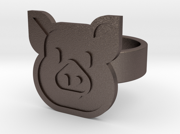 Pig Ring in Polished Bronzed Silver Steel: 8 / 56.75