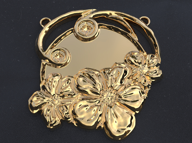 Art Nouveau Repoussé Flower Pendant SMK in Polished Brass
