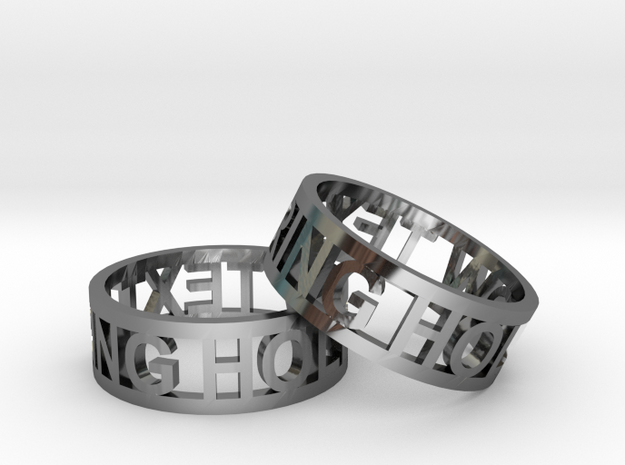 Hollow Text Ring Pair in Fine Detail Polished Silver