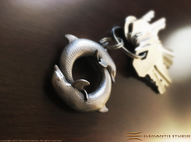 Piscean / Yin Yang Dolphin Totem Keychain 4.5cm in Polished Bronzed Silver Steel