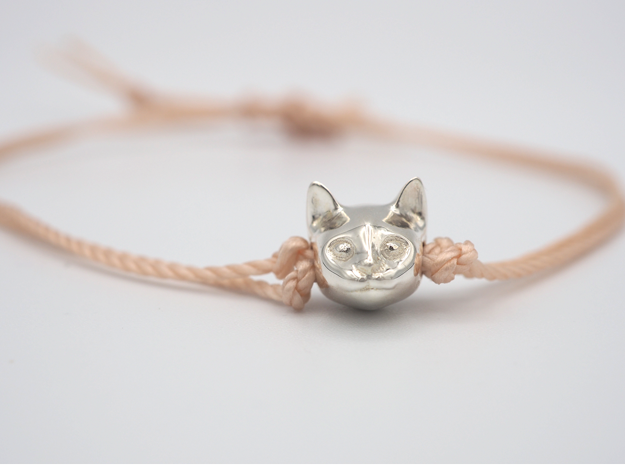 Cat Lover Friendship Bracelet Charm - Smiley Cat in Polished Silver