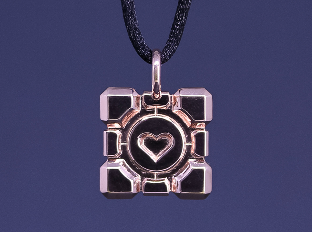 Portal Companion Cube Thin Pendant in 14k Rose Gold Plated Brass