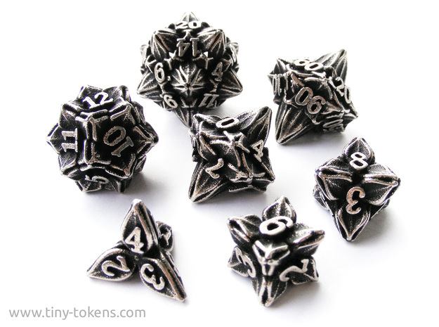 Floral Dice - Gaming Set + 10D10/decader (7 dice) in Polished Bronzed Silver Steel