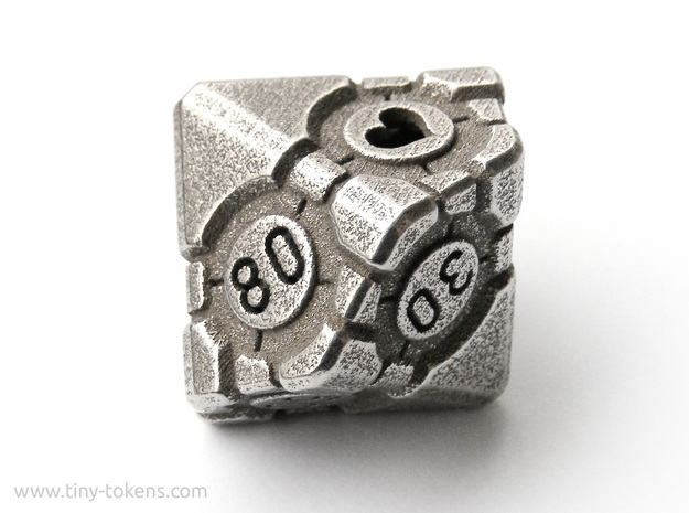 Companion Cube 10D10 (decader) - Portal Dice in Polished Bronzed Silver Steel: Small