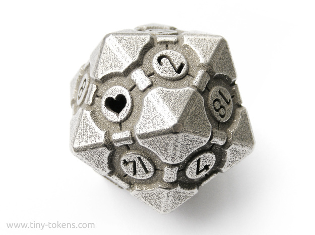 Companion Cube D20 - Portal Dice in Polished Bronzed Silver Steel: Small