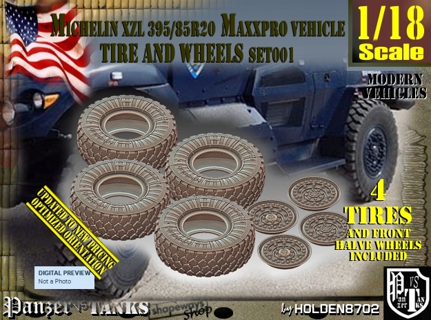 1/18 MaxxPro Mich XZL 395-85R20 Tire-Wheel Set001 in White Natural Versatile Plastic