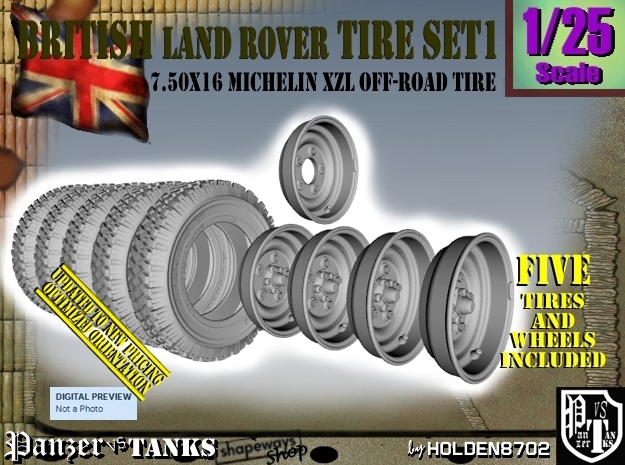 1/25 Land Rover 750x16 Tires and wheels Set001 in Tan Fine Detail Plastic