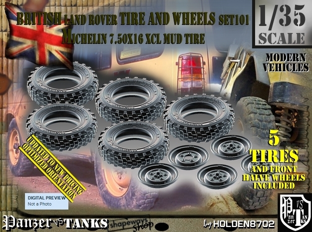 1/35 Land Rover XCL 750x16 Tire and wheels Set101 in Tan Fine Detail Plastic