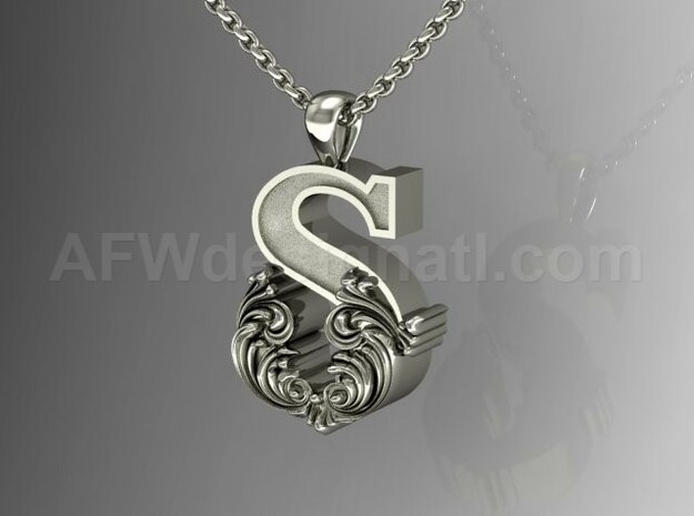 Scroll Letter S – Initial Letter Pendant in Fine Detail Polished Silver