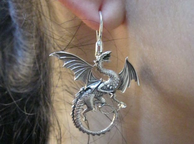 Whitby-wyrm dragon earrings in Natural Silver