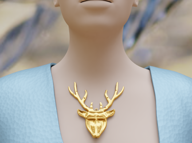 Deer head with antlers - Pendant in Polished Gold Steel