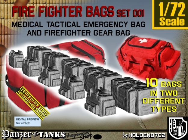1/72 Med Tac Emerg-Firefight Gear Bag Set001 in Tan Fine Detail Plastic
