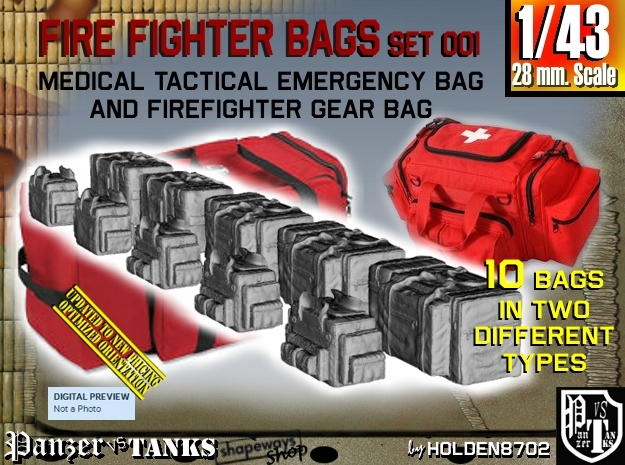 1/43 Med Tac Emerg-Firefight Gear Bag Set001 in Tan Fine Detail Plastic