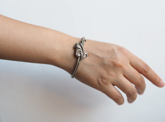 Acanthus Leaf Bangle Cuff in Polished Bronzed-Silver Steel: Small