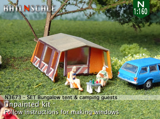 SET Bungalow tent with camping guests (N 1:160) in Tan Fine Detail Plastic