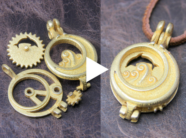 Rotate Pendant "Dolphin and Moon" in Polished Gold Steel