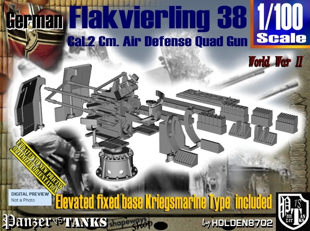 1/100 Kriegsmarine Flakvierling 38 Set001 in Tan Fine Detail Plastic