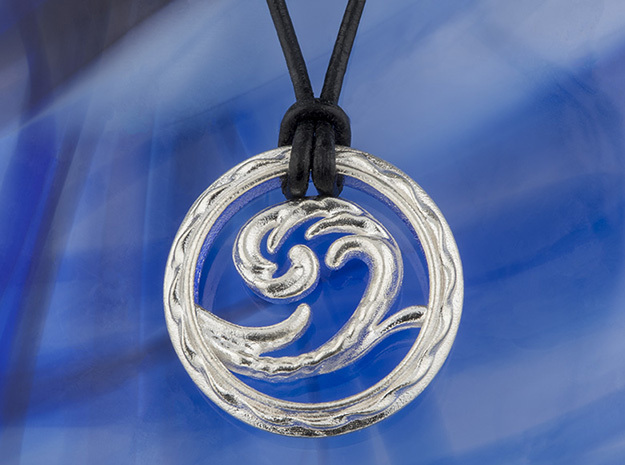 Big sea wave leather cord surfer pendant  in Polished Silver
