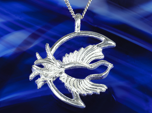  Phoenix night bird flying crescent moon pendant in Polished Silver